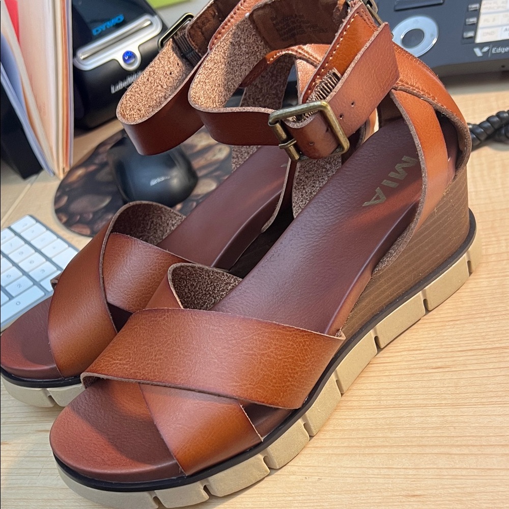 MIA Brown Wedge Sandals with Buckle
